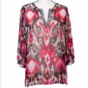 Chicos Blouse Top Size 1 Brown Red Tan Fall Colors Sheer